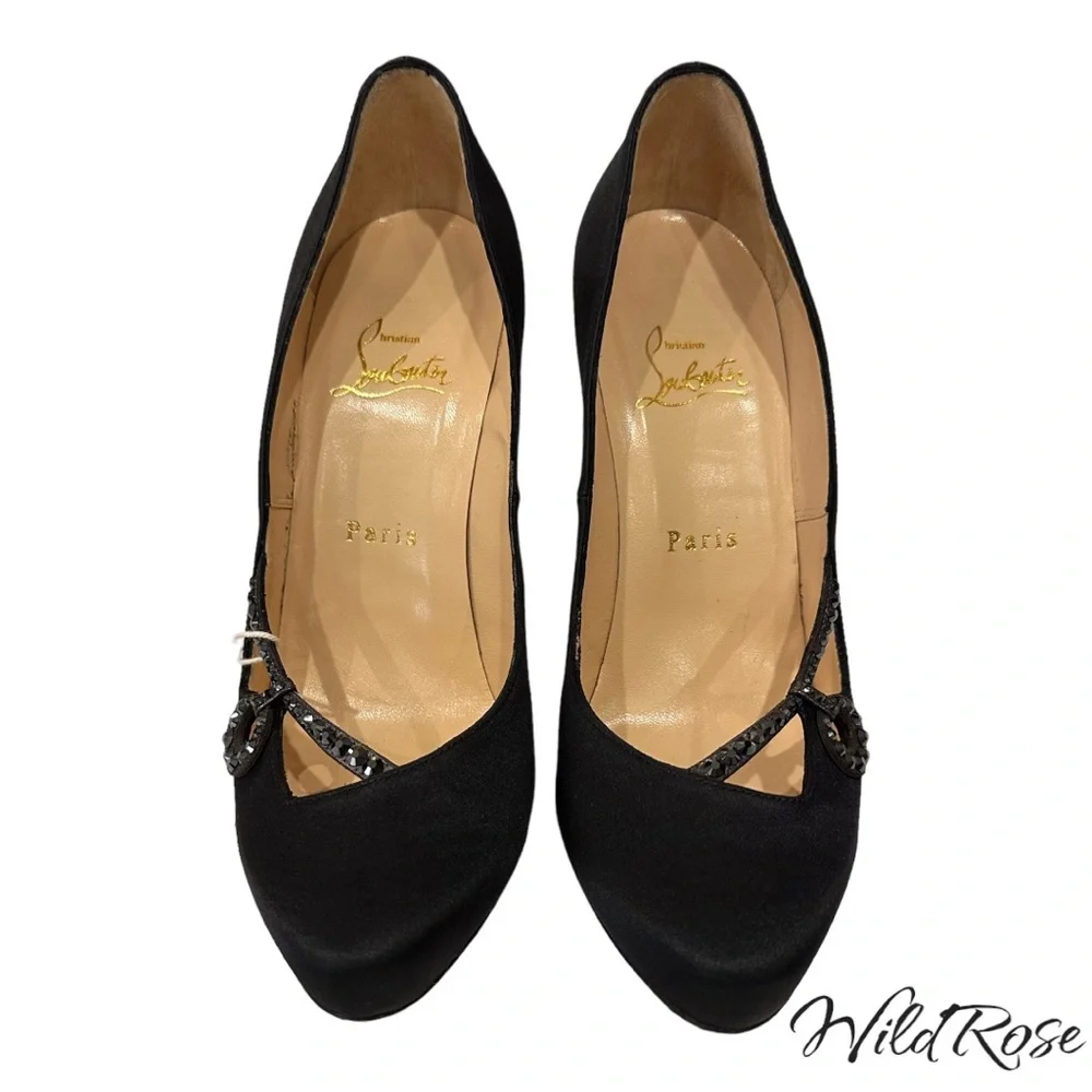 CHRISTIAN LOUBOUTIN Black Satin Rhinestone Embellished Heels SZ 38 - Picture 1 of 15